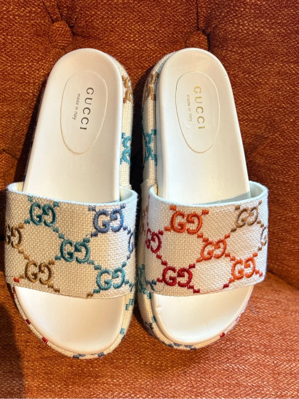 Gucci Angelina Multicolor GG Logo Platform Slides Sandals